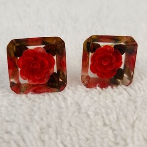 Earrings, Lucite, Vintage, Rose inset